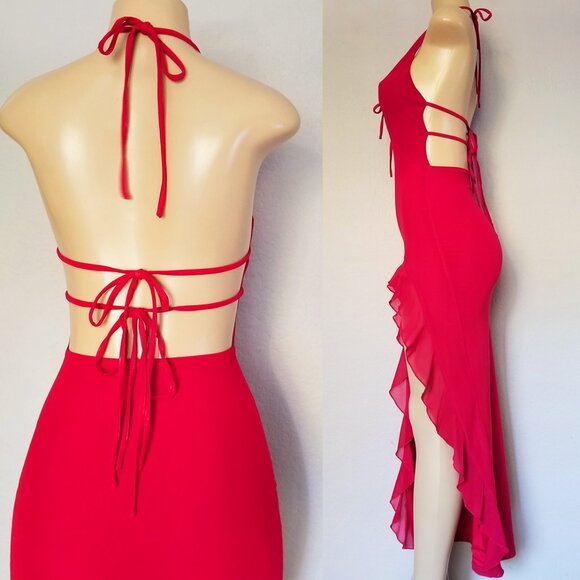 White Fox Boutique Day By Day Maxi Dress in Cherry Red XS Slit Ruffle Plunge Tie - Picture 8 of 11